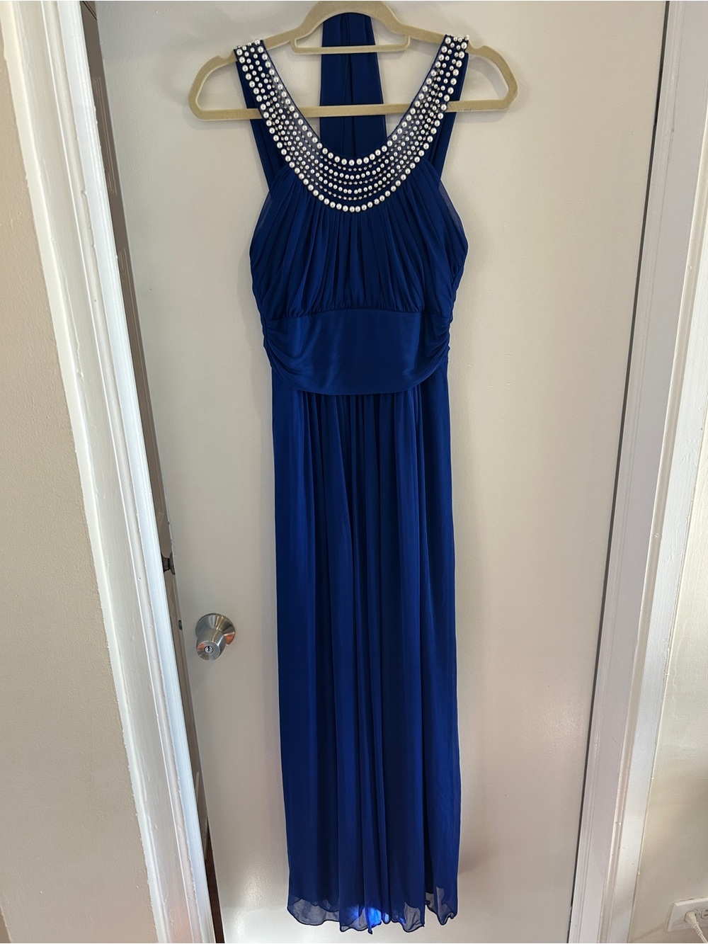 Elegant Pearl Beaded Navy Evening Gown size M
